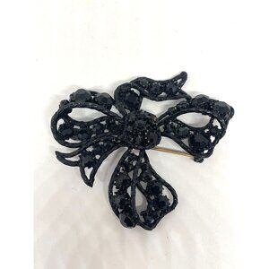 Vintage Signed Weiss Black Tone with Black Rhinestone Bow Ribbon Brooch